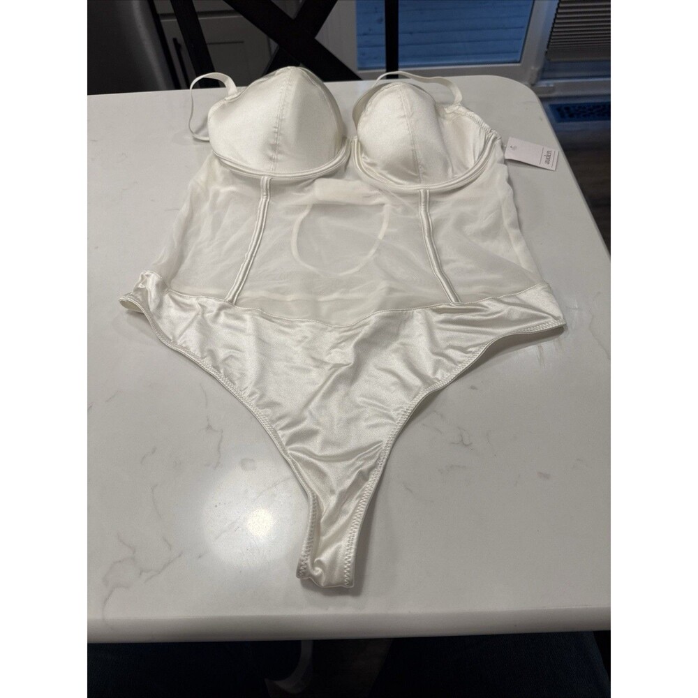 Auden Womens Cream Satin and Mesh Underwire Bodysuit Lingerie Large NWT